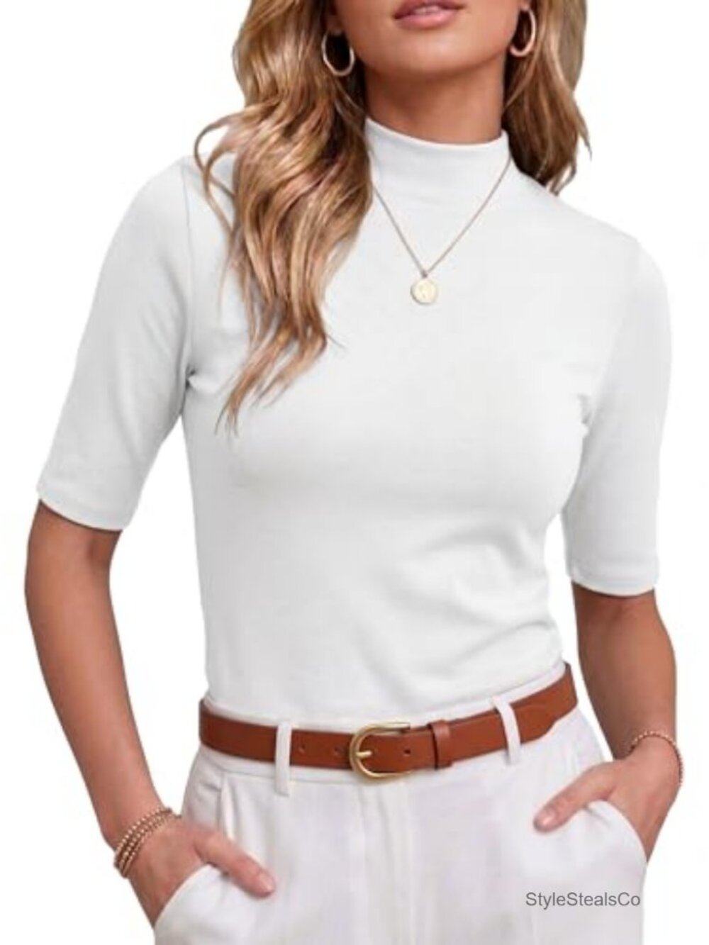 Womens Mock Neck Half Sleeve Top Cotton Blend Ribbed Knit Slim Fit Business